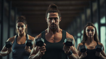 A group of attractive sportspeople, their toned bodies glistening with sweat, engage in a vigorous workout session with dumbbells, their focused expressions conveying determination.