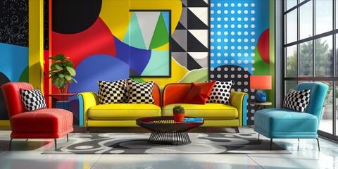 Living room interior design, Colorful pop art style background