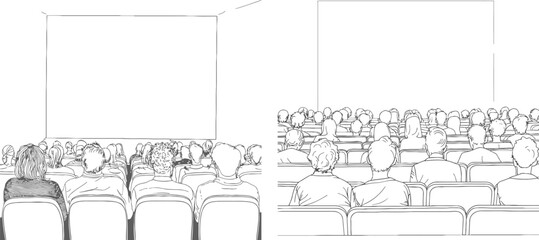 People sit cinema hall back rear view looking at screen continuous one line drawing - obrazy, fototapety, plakaty