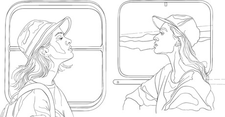 Continuous one line drawing. Young woman traveler looking out from window of train