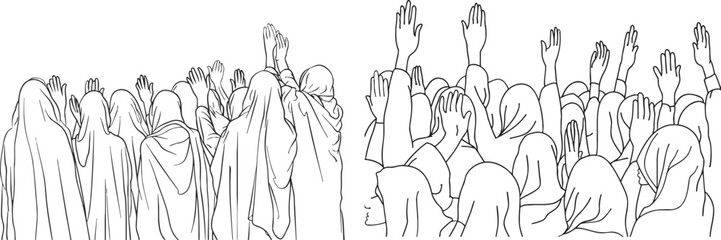 One single line drawing of muslim people open and raise hands to pray to God