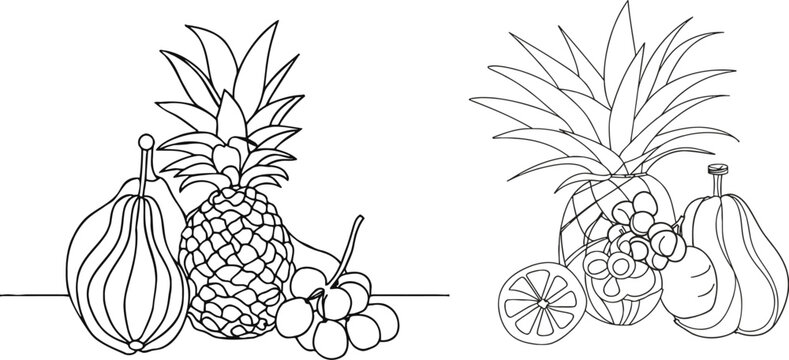 One line fruits. Continuous line exotic pineapple banana citrus pear and grape, trendy monoline healthy food. Vector fruit isolated set