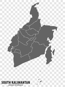 Blank map South Kalimantan province of Indonesia. High quality map South Kalimantan with municipalities on transparent background for your web site design, logo, app, UI. Republic of Indonesia.  EPS10