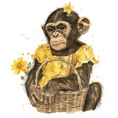 little monkey with flowers in basket, watercolour