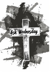Ash Wednesday - calligraphy lettering with abstract cross on watercolor painted background. Religious holiday concept background.
