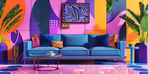Living room interior design, Colorful pop art style background