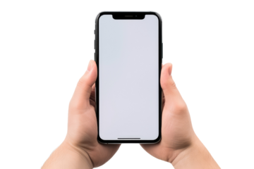 A person holding an iPhone in their hands, showcasing the sleek design and modern technology. on a White or Clear Surface PNG Transparent Background.