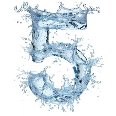 Spectacular number five and splash of clear water. Digital close-up on white background in water spray. Blue water splash alphabet isolated on white. Water splash text, letter 5. Transparent blue wave