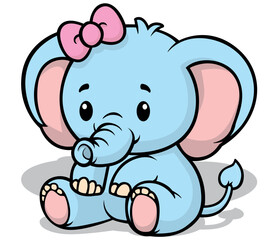 Sitting Blue Baby Elephant - Colored Cartoon Illustration Isolated on White Background, Vector