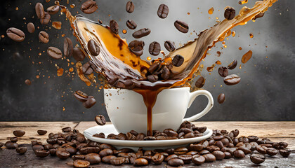 Aromatic coffee splashing in a coffee cup with coffee beans