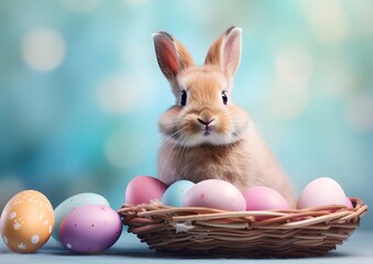 Fototapeta na wymiar Rabbit Sitting in Basket With Easter Eggs
