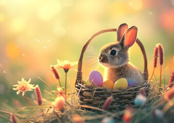Fototapeta na wymiar Cute Easter Bunny Sitting in a Basket With Eggs