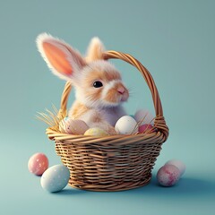Easter Bunny Sitting in Basket With Eggs