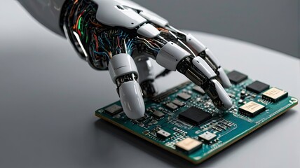 an andriod robot hand holds an artificial intelligence chip