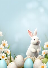 Naklejka na ściany i meble Bunny Among Eggs an Blue Background.