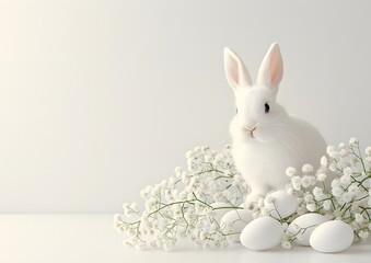 White Rabbit Sitting Next to Eggs.