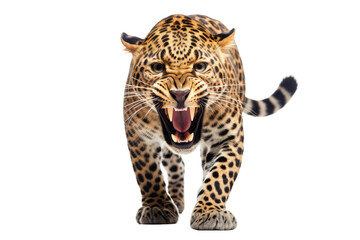 A leopard fiercely displays its sharp teeth as it opens its mouth wide in a threatening gesture. on a White or Clear Surface PNG Transparent Background.