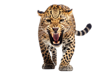 A leopard fiercely displays its sharp teeth as it opens its mouth wide in a threatening gesture. on a White or Clear Surface PNG Transparent Background.