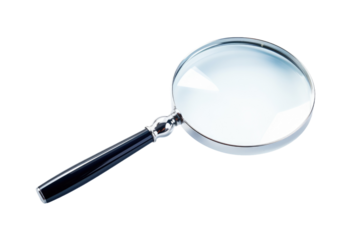 A magnifying glass placed showcasing its design and functionality. on a White or Clear Surface PNG Transparent Background.