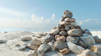 Tuinposter Pyramid of stones on the beach © Cybonix
