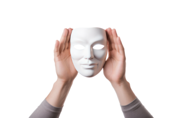 An individual holds a white mask over their face, concealing their features. on a White or Clear Surface PNG Transparent Background.