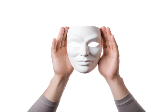 An individual holds a white mask over their face, concealing their features. on a White or Clear Surface PNG Transparent Background.