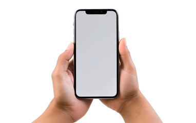 A person holds a cell phone in their hands, engaging with the device. on a White or Clear Surface PNG Transparent Background.