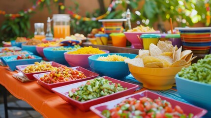A festive outdoor Mexican buffet with colorful dishes and bowls filled with a variety of fresh ingredients.
