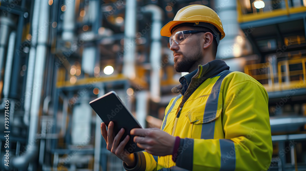 Poster worker in a factory - concept of digitalization and stream lining processes in industrial work place