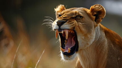 Lioness displaying dangerous teeth, generative ai