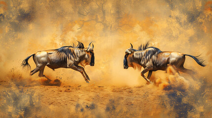 Wildebeest battle in dusty Kalahari South Africa