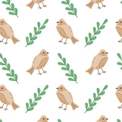 Hand drawn bird with leaves - seamless pattern. Vector illustration can use for wallpaper, poster, print. 
