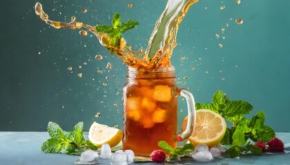 Ice tea splash with a slice of lemon in a mason jar with mint leaves 