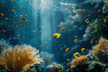Obraz na płótnie Canvas Underwater life. A slide Background showcasing the beauty and uniqueness of life. Nature and biodiversity. Background image. Created with Generative AI technology