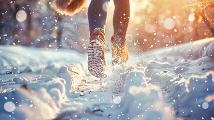 Winter fun: teen feet close-up running.
