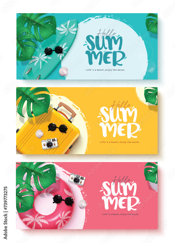 Aufkleber hello summer text vector banner set. summer hello greeting text with beach elements in blue, yellow 