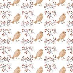 Adorable bird with floral elements - seamless pattern. Vector illustration can use for wallpaper, poster, print. Autumn colors. 