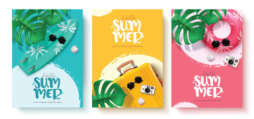 Summer hello text vector poster set. Hello summer greeting text with surfboard, luggage and floaters beach elements for tropical season promotion background. Vector illustration summer greeting design