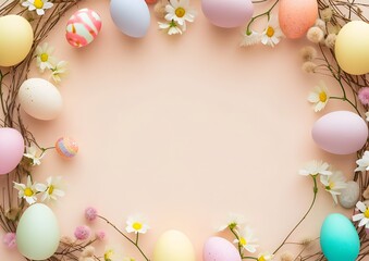Naklejka na ściany i meble Overhead View of Wreath With Eggs and Daisies