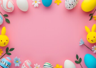 Naklejka na ściany i meble Pink Background With Easter Eggs Flowers and Toys