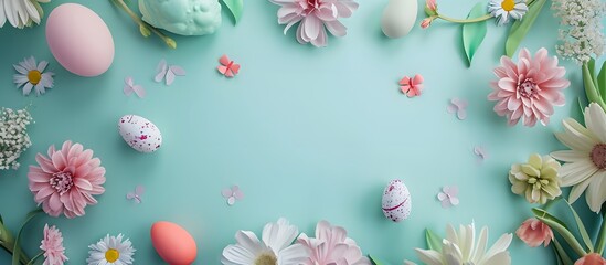 Fototapeta na wymiar Blue Background With Easter Eggs and Flowers