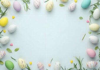 Blue Background With Easter Eggs and Flowers