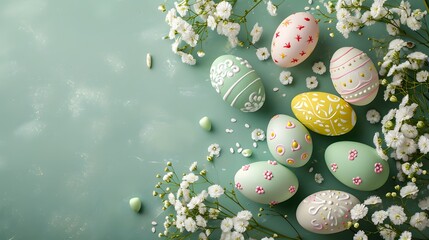 Light Green Background With White Flowers and Painted Easter Eggs