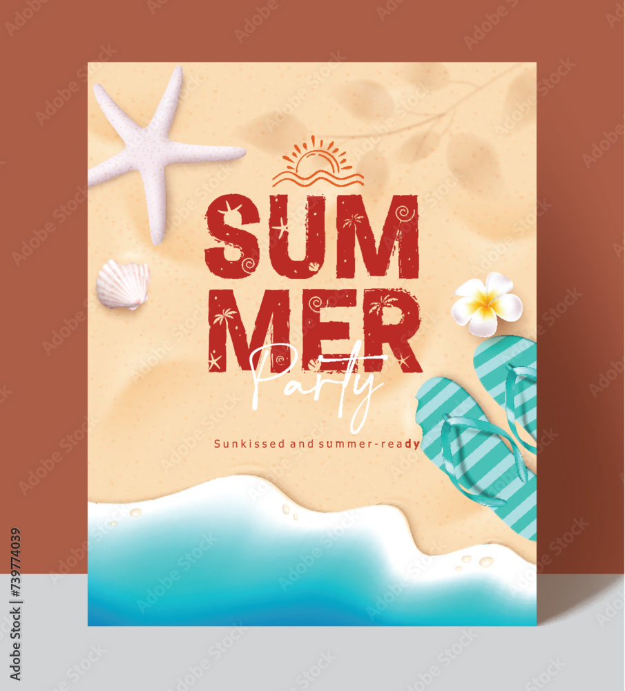 Poster summer party text vector poster design. summer invitation card with flipflop and seashells elements 
