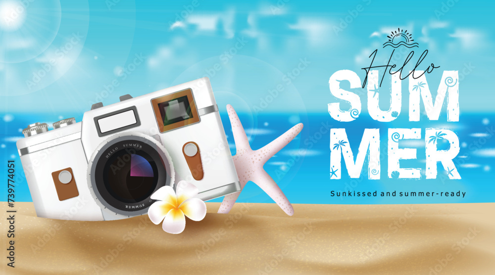 Poster summer hello greeting vector banner. hello summer greeting text with camera travel elements in beach