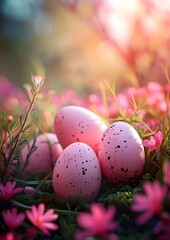 Fototapeta na wymiar Pink Easter Eggs on Lush Green Field
