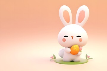 Obraz premium Small White Rabbit Holding Orange Easter Egg