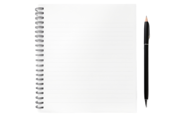 A photo of a notebook with a pen resting on top of it, depicting a work or study environment. on a White or Clear Surface PNG Transparent Background.