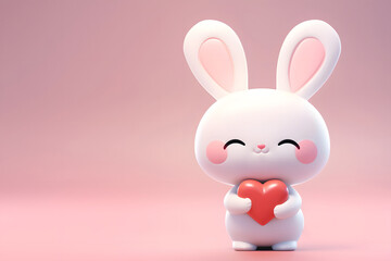 White Rabbit Holding Red Heart on Pink Background