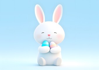 Obraz premium White Bunny Holding Eggs in Its Paws